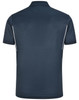 A dark navy blue men's sustainable poly/cotton polo shirt with contrasting white accents. Features a collar and short sleeves.