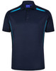 Men's sustainable poly/cotton polo shirt in navy blue with contrasting turquoise panel accents. Features a collar and button placket.