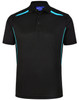 A black polo shirt featuring turquoise contrast stripes and a logo on the collar.