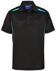 A black polo shirt featuring teal contrast panels and a collar. The shirt has a logo on the chest.