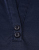 A navy blue polo shirt featuring a two-button placket and a logo. The material is a sustainable poly/cotton blend.