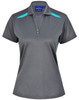A women's short-sleeved polo shirt in grey with teal contrast detailing and a buttoned collar. Features a logo.