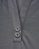 A grey polo shirt featuring a two-button placket and a logo. The fabric is a sustainable poly/cotton blend.