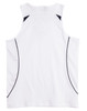 A white men's singlet with black accents and a logo. It features a sporty design and breathable fabric.