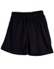 Black kids' sports shorts with an elastic waistband and drawstring, featuring a logo.