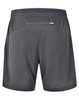 A pair of grey sports shorts featuring a back pocket and a logo on the side.