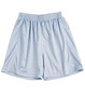 Light blue kids’ soccer shorts with an elastic waistband and a logo on the front.