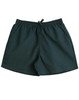 Kids microfibre shorts in a deep green colour with an elastic waistband and pockets, featuring a logo.