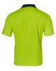 A high-visibility short-sleeve polo shirt in bright yellow with a navy collar and a logo.