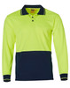 A long-sleeved work polo shirt in high-visibility yellow with a navy blue bottom panel and a pocket. It has a logo.