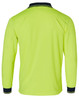 A Hi-Vis long sleeve safety polo in bright yellow with navy collar and cuffs, featuring a logo.