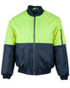 A Hi-Vis two-tone flying jacket in fluorescent yellow and navy blue with a zip pocket and a logo.