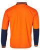 An orange long-sleeve polo shirt featuring navy sleeves and a collar, designed for workwear. Includes a logo.