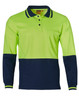 A long-sleeve safety polo shirt in bright green with navy blue accents and a chest pocket, featuring a logo.
