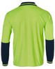 A long-sleeved work polo shirt in high visibility green with navy blue accents on the sleeves and collar, featuring a logo.