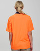 An orange hi-vis safety polo shirt with a plain back and a collar. Includes branding details.