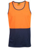 A hi-vis singlet in bright orange with a navy blue bottom section, featuring a logo on the label.