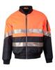 A Hi-Vis two-tone flying jacket in orange and black with reflective 3M tape details and a zip pocket.
