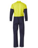 A men's cotton drill coverall in hi-vis yellow and navy, featuring long sleeves and a back view. It includes a logo.