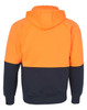 A two-tone fleecy hoodie featuring bright orange on the hood and top, and navy blue on the lower section.It includes a logo.