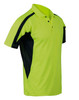 A bright hi-vis yellow and black safety polo shirt with a collar and short sleeves, featuring a pocket and logo.