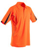 An orange men's polo shirt with short sleeves, featuring a pocket and contrasting dark blue accents. It has a logo.