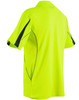 A high-visibility short-sleeve polo shirt in bright yellow, featuring contrasting dark detailing and a logo.
