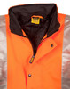 A Hi-Vis two-tone rainproof quilted safety jacket in bright orange with reflective silver stripes and a black lining.