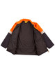 A Hi-Vis two-tone safety jacket in orange and navy blue, featuring reflective 3M tapes. The interior is dark with no visible branding.