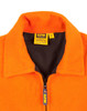 An orange safety jacket featuring a zippered collar and a black inner lining, with a logo present.