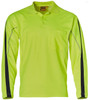 A long-sleeved hi-vis polo shirt in bright yellow with black accents and a pocket. It features a logo.