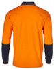 A long-sleeved safety polo in orange with navy blue sleeves, featuring a collar and a logo on the chest.