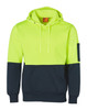 A high-visibility two-tone hoodie featuring a bright yellow upper and navy blue lower section, with a kangaroo pocket.