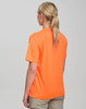 A bright orange safety tee with a simple design, featuring a logo on the back.
