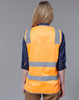 A safety vest in bright orange with reflective grey stripes, featuring a plain back and a casual fit.
