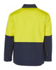A Hi-Vis two-tone work jacket in bright yellow and navy blue, featuring a logo on the back.