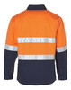 A Hi-Vis two-tone work jacket in orange and navy with reflective 3M tapes and a logo on the back.