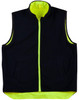 Reversible safety vest in black and high-visibility yellow, featuring a mandarine collar and pockets.