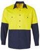 A long-sleeved cotton drill work shirt in high visibility yellow and navy blue, featuring two chest pockets and a logo.