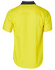 A Hi-Vis two tone short-sleeve work shirt, featuring yellow fabric with a contrasting dark collar, and a logo.
