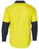 A two-tone long-sleeve work shirt featuring a bright yellow body with navy blue sleeves and a logo.