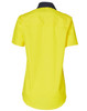 A bright yellow short-sleeved safety shirt with a navy collar, featuring a logo on the back.