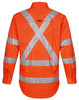 An orange work shirt featuring silver reflective strips in a cross pattern on the back. It includes a logo.