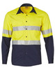 A long-sleeved safety shirt in bright yellow with navy blue accents and reflective tape. Features buttons and pockets.