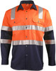 A two-tone safety shirt in orange and navy, featuring reflective tape and two front pockets. Includes a logo.