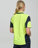 A high-visibility polo shirt featuring bright yellow-green and navy blue colours, with a branding logo.