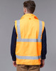 A reversible safety vest in bright orange with reflective stripes, viewed from the back. It has a logo on the fabric.