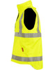 A reversible safety vest in bright yellow with reflective silver stripes and a side pocket. It features a zippered front and no sleeves.