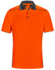 An orange short-sleeve polo shirt with a grey collar and detailing, featuring a pocket and a logo.