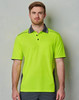 A high-visibility lime green polo shirt with grey accents and a chest pocket, featuring a logo on the front.
